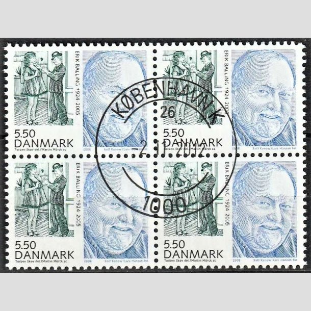 FRIMRKER DANMARK | 2008 - AFA 1551 - Store danskere 2. - 5,50 Kr. Erik Balling i 4-blok - Pragt Stemplet