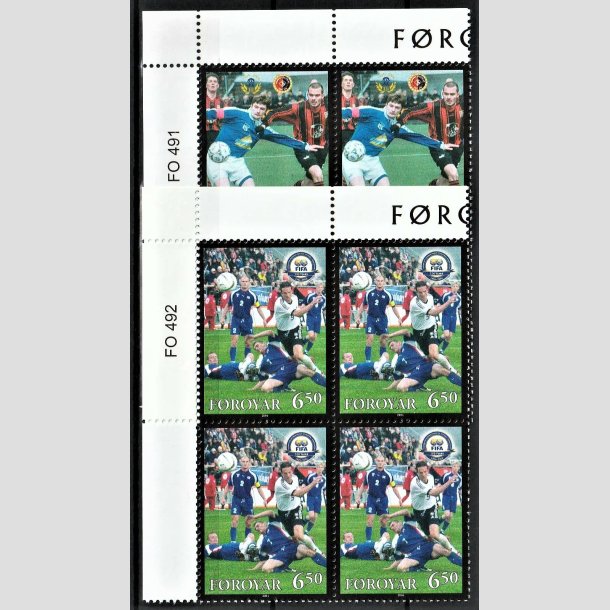 FRIMRKER FRERNE | 2004 | AFA 491,492 | FIFA 100 r - 5,00 + 6,50 kr. flerfarvet i marginal 4-blok - Postfrisk