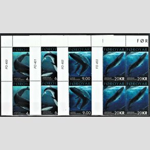 FRIM�RKER F�R�ERNE | 2001 | AFA 401-03 | Fredede storhvaler - 4,50 - 20,00 kr. flerfarvet i marginal 4-blokke - Postfrisk