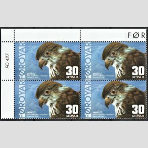 FRIM�RKER F�R�ERNE | 2002 | AFA 425 | Smyril dv�rgfalk - 30,00 kr. flerfarvet i marginal 4-blok - Postfrisk