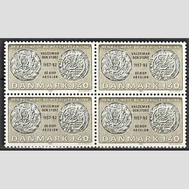 FRIMRKER DANMARK | 1980 - AFA 709 - Gamle danske mnter - 1,40 Kr. olivengrn/sortgrn i 4-blok - PostfriskV