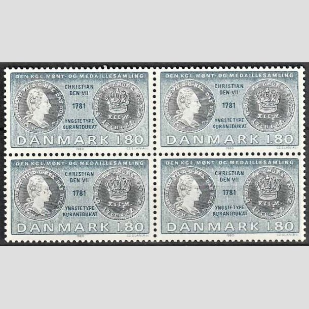 FRIMRKER DANMARK | 1980 - AFA 710 - Gamle danske mnter - 1,80 Kr. bl/blgrn i 4-blok - Postfrisk