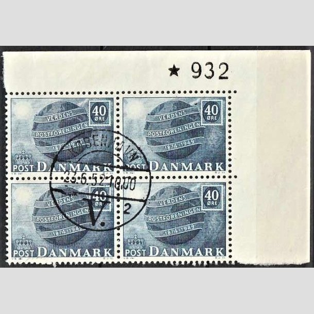 FRIMRKER DANMARK | 1949 - AFA 316 - Verdenspostforeningen 75 r. - 40 re bl i 4-blok med marginal - Pragt stemplet