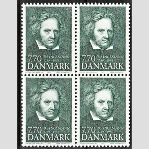FRIMRKER DANMARK | 1989 - AFA 945 - B. S. Ingemann - 7,70 Kr. grn i 4-blok - Postfrisk