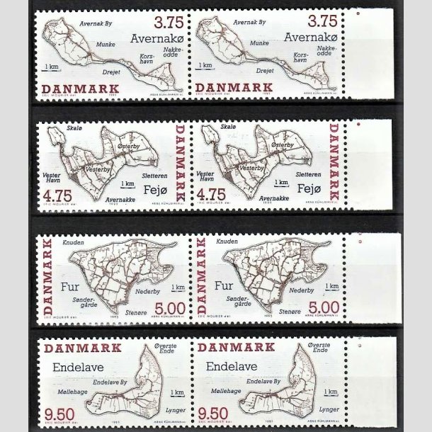 FRIMRKER DANMARK | 1995 - AFA 1086-89 - Danske smer - 3,75 - 9,50 Kr. flerfarvet i parstykker - Postfrisk