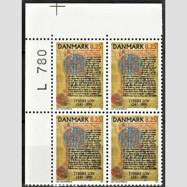 FRIMRKER DANMARK | 1991 - AFA 991 - Jyske Lov 750 r. - 8,25 Kr. flerfarvet i 4-blok med marginal L780 - Postfrisk