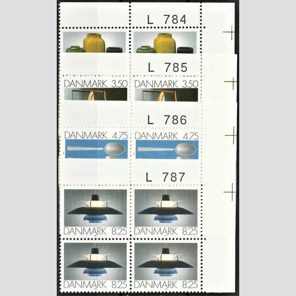 FRIMRKER DANMARK | 1991 - AFA 0995-0998 - Dansk Brugskunst - 3,25 - 8,25 Kr. flerfarvet i 4-blokke med marginal L784-L787 - Postfrisk