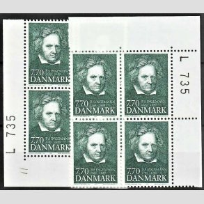 FRIMRKER DANMARK | 1989 - AFA 945 - B. S. Ingemann - 7,70 Kr. grn i vre og nedre 4-blok med marginal L735 - Postfrisk