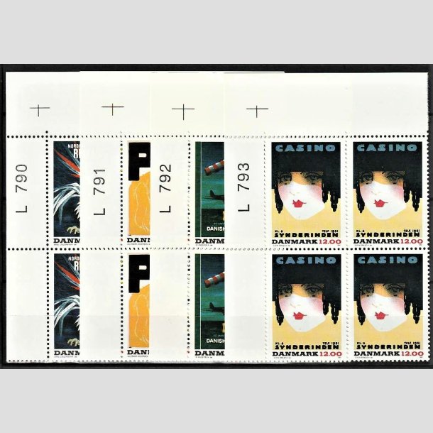 FRIMRKER DANMARK | 1991 - AFA 999-1002 - Dansk Plakatkunst - 3,50-12,00 Kr. flerfarvet i 4-blokke med marginal L790-L793 - Postfrisk