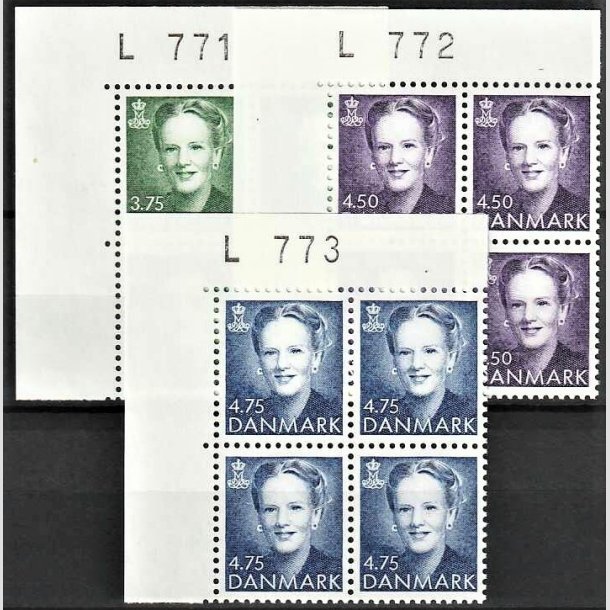 FRIMRKER DANMARK | 1991 - AFA 982-84 - Dronning Margrethe - 3,75 - 4,75 kr. i 4-blok med marginal L771-73 - Postfrisk