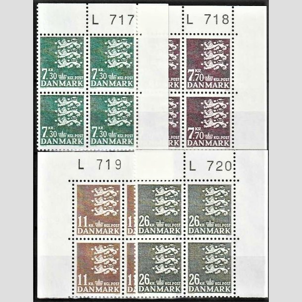 FRIMRKER DANMARK | 1989 - AFA 928-31 - Rigsvben - 7,30 - 26 kr. i 4-blok med marginal L717/L718/L719/L720 - Postfrisk