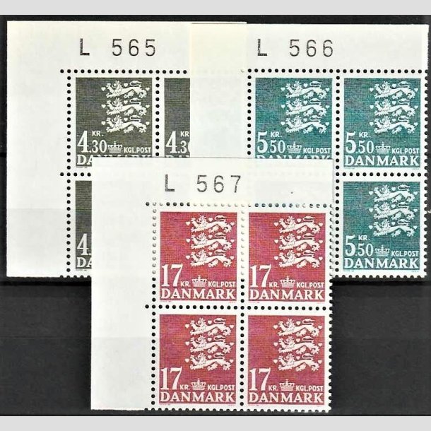 FRIMRKER DANMARK | 1984 - AFA 793-95 - Rigsvben 4,30 - 17 kr. i 4-blok med marginal L565,L566,L567 - Postfrisk