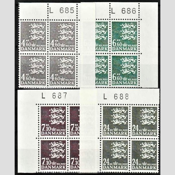 FRIMRKER DANMARK | 1988 - AFA 899-902 - Rigsvben - 4,60 - 24 kr. i 4-blok med marginal L685-L688 - Postfrisk