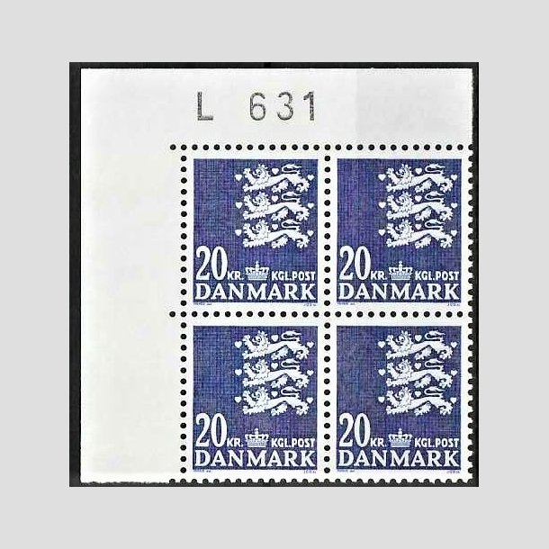 FRIMRKER DANMARK | 1986 - AFA 848 - Rigsvben 20 Kr. bl i marginalblok L631 - Postfrisk