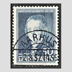 FRIM�RKER DANMARK | 1951 - AFA 330 - Hans Christian �rsted - 50 �re bl� - Lux Stemplet Aarhus