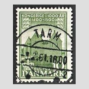 FRIM�RKER DANMARK | 1953-56 - AFA 351 - Det Danske Kongerige 1000 �r - 10 �re gr�n - Pragt Stemplet Tarm