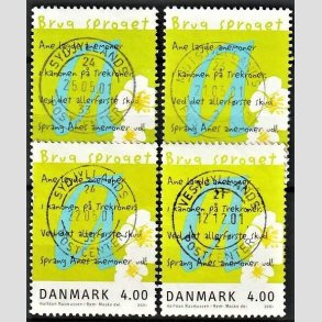 FRIMRKER DANMARK | 2001 - AFA 1281 (Engros) - Brug sproget - 4,00 Kr. flerfarvet x 4 - Pragt Stemplet