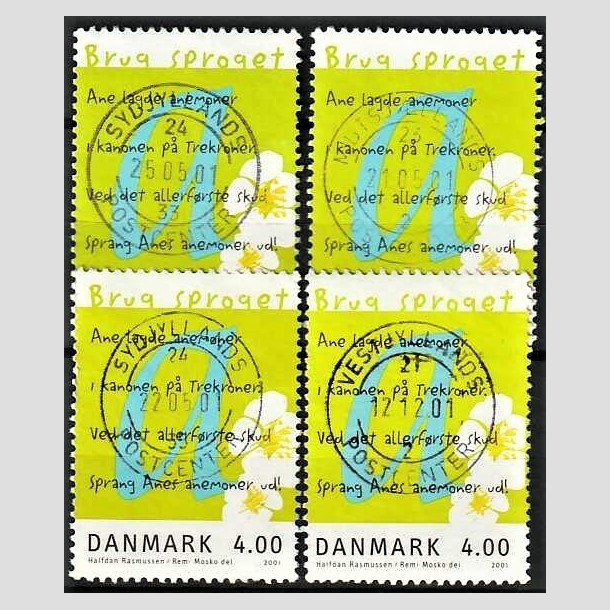 FRIMRKER DANMARK | 2001 - AFA 1281 (Engros) - Brug sproget - 4,00 Kr. flerfarvet x 4 - Pragt Stemplet