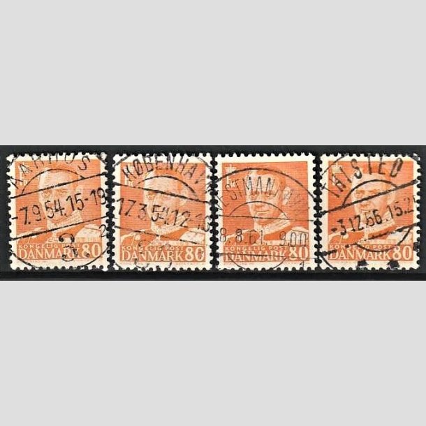 FRIMRKER DANMARK | 1952 - AFA 341 (Engros) - Frederik IX 80 re orange x 4 - Pragt Stemplet