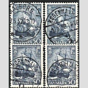 FRIMRKER DANMARK | 1951 - AFA 329 - Sofficerskolen 250 r - 50 re bl x 4 - Pragt Stemplet