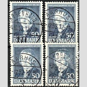 FRIMRKER DANMARK | 1951 - AFA 330 - Hans Christian rsted - 50 re bl x 4 - Pragt Stemplet