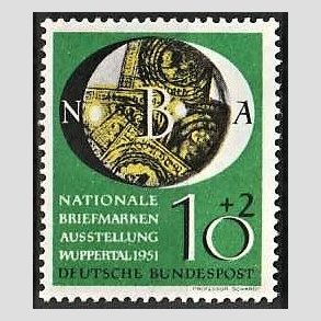 FRIM�RKER VESTTYSKL. BUND: 1951 | AFA 1104 | Wuppertal frim�rkeudstilling - 10 + 2 pf. gr�n/sort/gul - Postfrisk