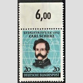 FRIM�RKER VESTTYSKL. BUND: 1952 | AFA 1116 | Carl Schurz - 20 pf. bl�/sort/brun - Ubrugt