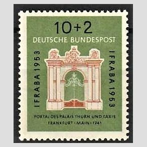 FRIM�RKER VESTTYSKL. BUND: 1953 | AFA 1134 | IFRABA frim�rkeudstilling - 10 + 2 pf. gr�n/r�d/sort - Ubrugt
