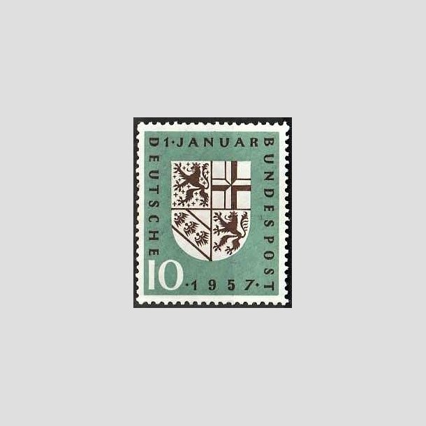 FRIMRKER VESTTYSKL. BUND: 1957 | AFA 1212 | Saars genforening. - 10 pf. grn/grbrun - Postfrisk