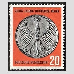 FRIM�RKER VESTTYSKL. BUND: 1958 | AFA 1254 | D-marken 10 �r. - 20 pf. oranger�d/gr� - Postfrisk