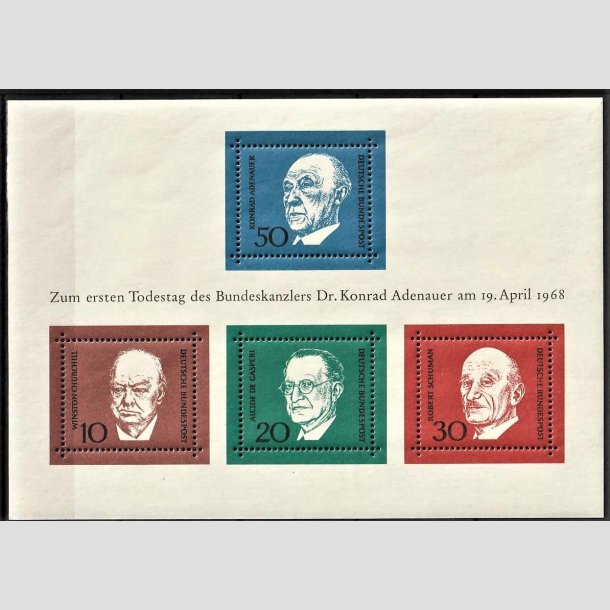 FRIMRKER VESTTYSKL. BUND: 1968 | AFA 1518-21 | Konrad Adenauer mindeudgave. - 10 pf. - 50 pf. Miniark - Postfrisk