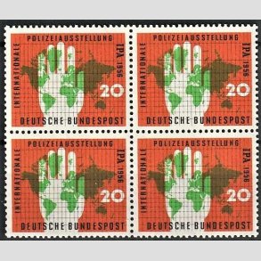 FRIM�RKER VESTTYSKL. BUND: 1956 | AFA 1203 | Int. politiudstilling. - 20 pf. orange/gr�n/Sort i 4-blok - Postfrisk