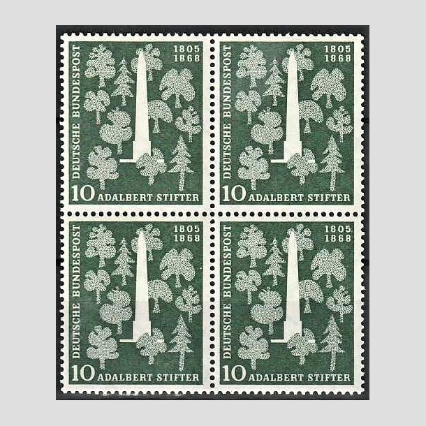 FRIMRKER VESTTYSKL. BUND: 1955 | AFA 1183 | Adalbert Stifter 150 r. - 10 pf. grn i 4-blok - Postfrisk