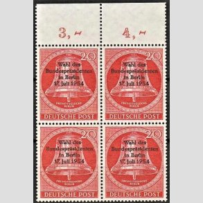 FRIM�RKER VESTBERLIN: 1954 | AFA 119 | Provisorium. - 20 pf. r�d i 4-blok - Postfrisk