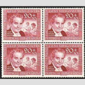 FRIM�RKER VESTBERLIN: 1957 | AFA 167 | M�drehj�lpsarbejdet. - 20 pf. + 10 pf. r�d i 4-blok - Postfrisk