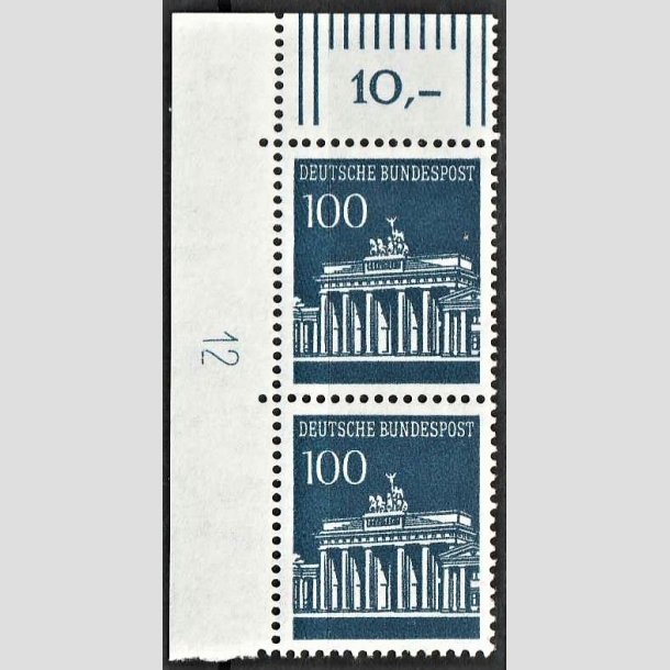 FRIMRKER VESTTYSKL. BUND: 1966 | AFA 1460 | Brandenburger Tor. - 100 pf. grbl i par - Postfrisk