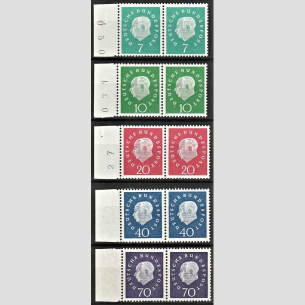 FRIMRKER VESTTYSKL. BUND: 1959 | AFA 1271-75 | Prsident Heuss. - 7 pf. - 70 pf. i st parstykker - Postfrisk