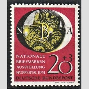 FRIM�RKER VESTTYSKL. BUND: 1951 | AFA 1105 | Wuppertal frim�rkeudstilling - 20 + 3 pf. karmin/sort/gul - Postfrisk