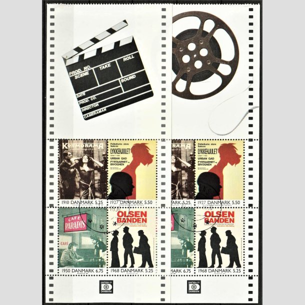 FRIMRKER DANMARK | 2000 - AFA 1271A,1271B - Dansk film i 1900-tallet - Miniark med filmspole + Klaptr - Pragt stemplet Assens