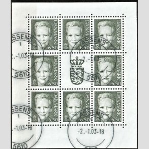 FRIM�RKER DANMARK | 2003 - AFA 1305 (SM�ARK NR. 8) - Dronning Margrethe - 6,50 kr. st�lgr�n x 8 samt vignet - Stemplet