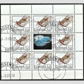 FRIM�RKER DANMARK | 2003 - AFA 1352 (SM�ARK NR. 13) - Sj�ldne insekter - 4,25 kr. flerfarvet x 8 samt vignet - P�nt stemplet