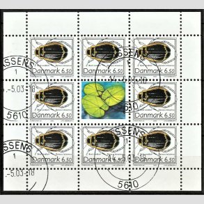 FRIM�RKER DANMARK | 2003 - AFA 1353 (SM�ARK NR. 14) - Sj�ldne insekter - 6,50 kr. flerfarvet x 8 samt vignet - P�nt stemplet