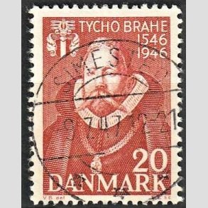 FRIM�RKER DANMARK | 1946 - AFA 298 - Tycho Brahe - 20 �re brunr�d - Pragt Stemplet Simested
