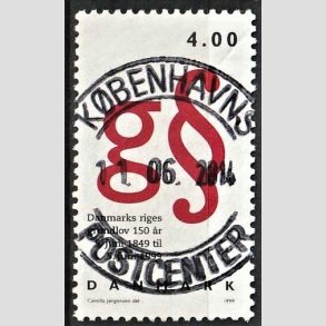 FRIM�RKER DANMARK | 1999 - AFA 1217 - Grundloven 150 �r - 4,00 Kr. r�d/sort - Pragt Stemplet Drag�r