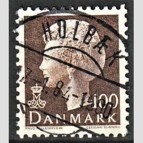 FRIMRKER DANMARK | 1977 - AFA 645 - Dronning Margrethe - 100 re brun - Pragt Stemplet Holbk