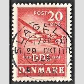 FRIM�RKER DANMARK | 1943 - AFA 282 - Danske Luftfartselskab 25 �r - 20 �re r�d - Pragt Stemplet Slagelse