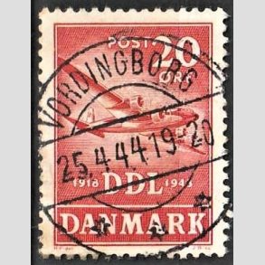 FRIM�RKER DANMARK | 1943 - AFA 282 - Danske Luftfartselskab 25 �r - 20 �re r�d - Pragt Stemplet Vordingborg