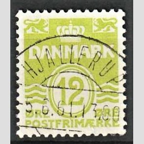 FRIM�RKER DANMARK | 1952-53 - AFA 335 - B�lgelinie 12 �re lysgr�n - Lux Stemplet Hjallerup