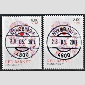 FRIMRKER DANMARK | 2013 - AFA 1747,1747a - Red Barnet - 8,00 + 1,00 Kr. flerfarvet i begge takninger - Pragt Stemplet Nykbing F