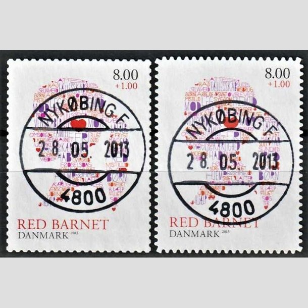 FRIMRKER DANMARK | 2013 - AFA 1747,1747a - Red Barnet - 8,00 + 1,00 Kr. flerfarvet i begge takninger - Pragt Stemplet Nykbing F